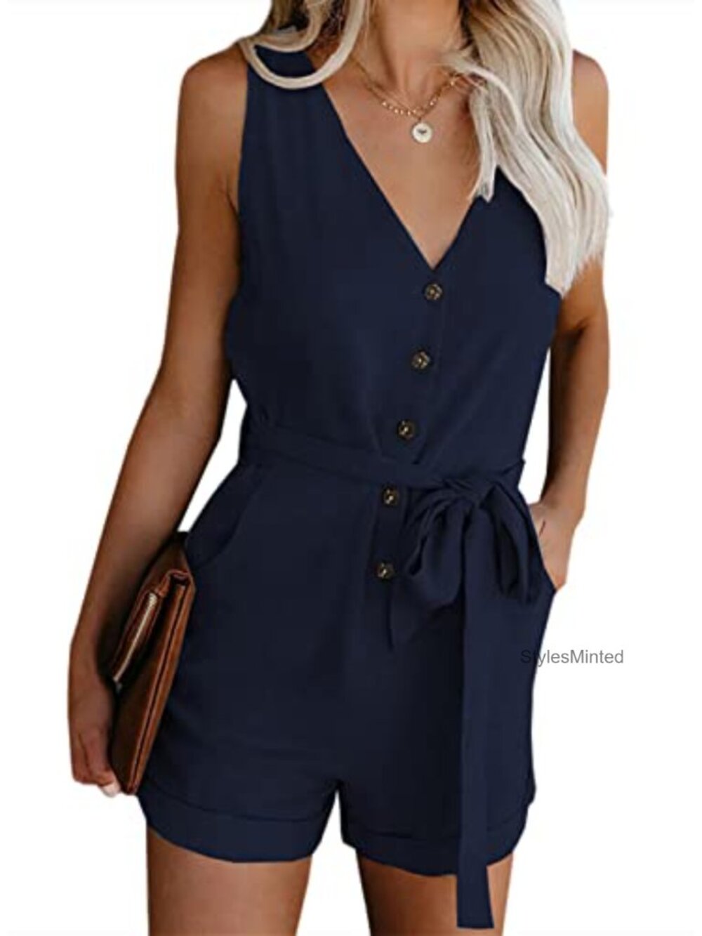 Sleeveless Button Down V Neck Romper with Belt and Pockets
